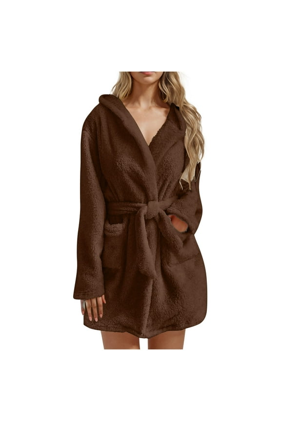 Womens Cozy Fluffy Robes, Ultra Soft bathrobe with Adjustable Waist Belt and Pockets Pack of 1 Brown