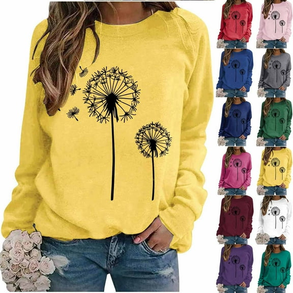 FRSASU Womens Dandelion Sweatshirt Casual Crewneck Tee Loose Long Sleeve Pullover Tops Yellow
