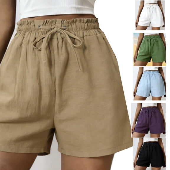 FRSASU Womens Drawstring Shorts Summer Elastic Waist Solid Color Casual Lightweight with Pockets White