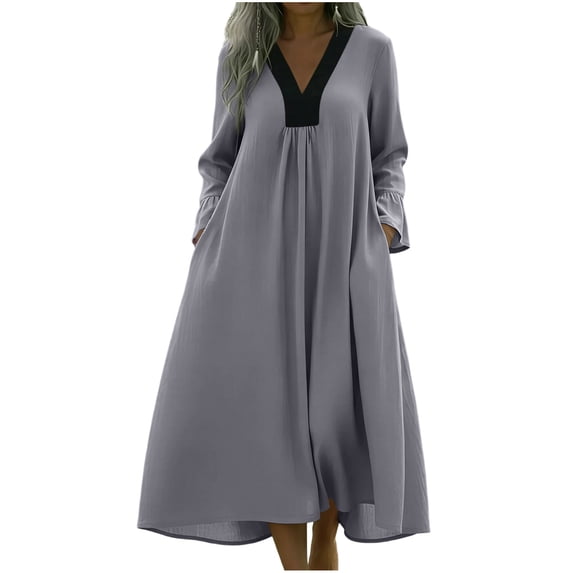 FRSASU Women's Cotton Linen Dress Long Sleeve V Neck Flowy Maxi Dress Casual Loose Fit Swing Beach Vacation Sundress Gray-A
