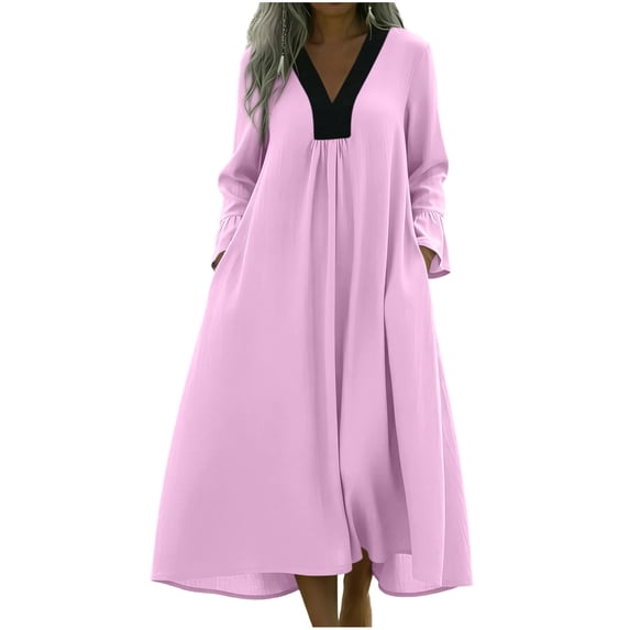 FRSASU Women's Cotton Linen Dress Long Sleeve V Neck Flowy Maxi Dress Casual Loose Fit Swing Beach Vacation Sundress Pink-A