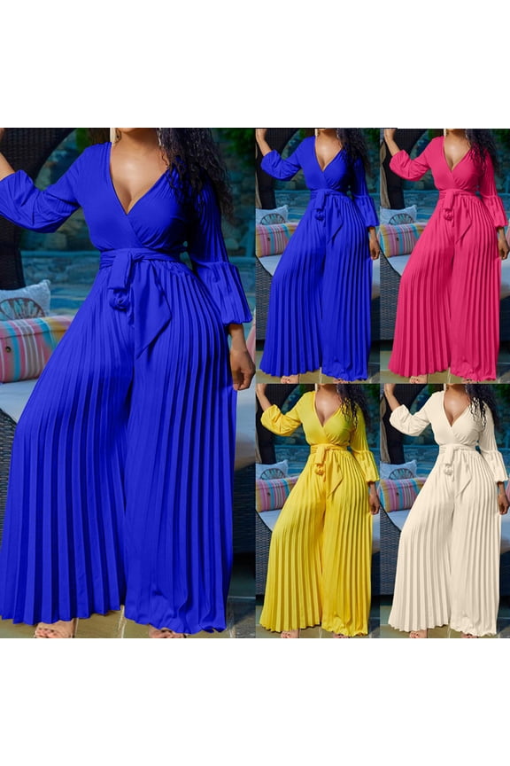 Womens Dress Jumpsuit Dressy Long Sleeve High Waist Wide Leg Romper formal Jumpsuit Belt Pleated Deep V Neck Romper Yellow