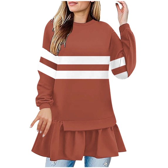 FRSASU Womens Dresses Fall Long Sleeve Dress Casual Round Neck Tiered Flowy Aline Tie Waist Shirt Dress Orange M(M)