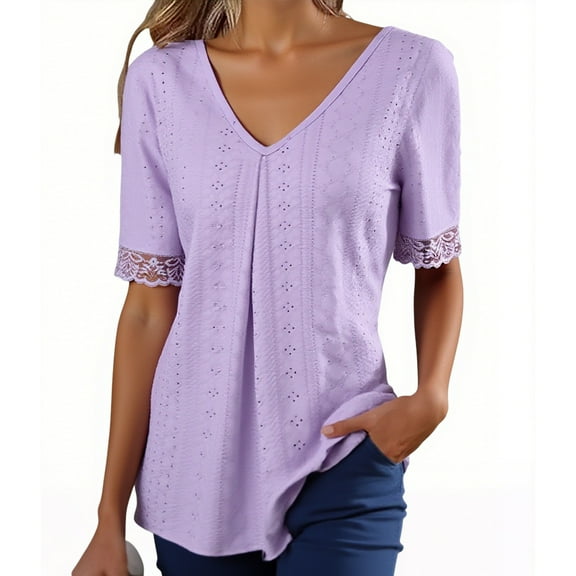 FRSASU Womens Dressy Casual Shirts Solid Color Short Sleeve V Neck Pleated Work Blouse Business Casual Tops Purple S(S)