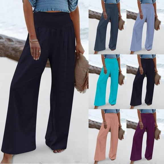 FRSASU Womens Elastic High Waisted Palazzo Pants Casual Wide Leg Long Lounge Pant Trousers Sky Blue