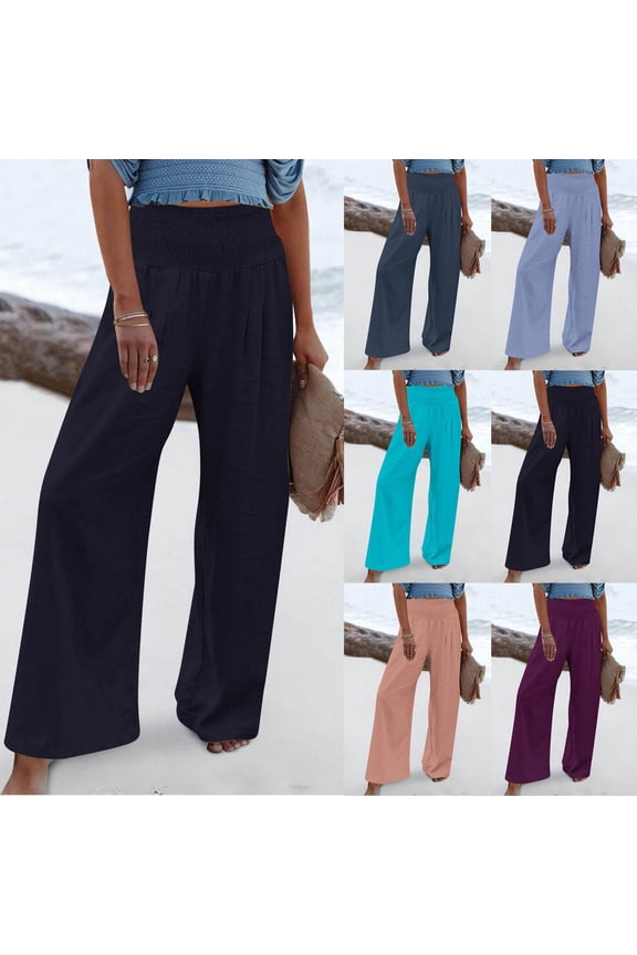 Womens Elastic High Waisted Palazzo Pants Casual Wide Leg Long Lounge Pant Trousers Sky Blue