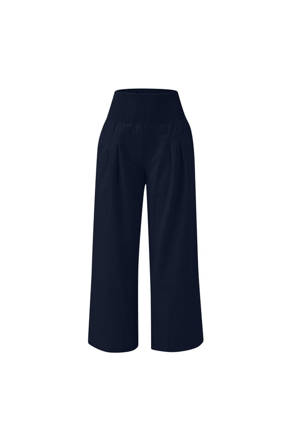 Womens Elastic High Waisted Pants Solid Casual Wide Leg Lounge Loose Straight Long Trousers Navy S(S)