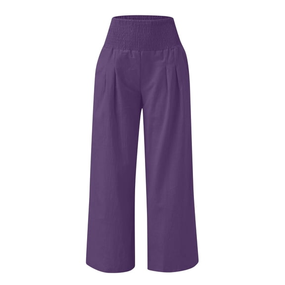 FRSASU Womens Elastic High Waisted Pants Solid Casual Wide Leg Lounge Loose Straight Long Trousers Purple M(M)