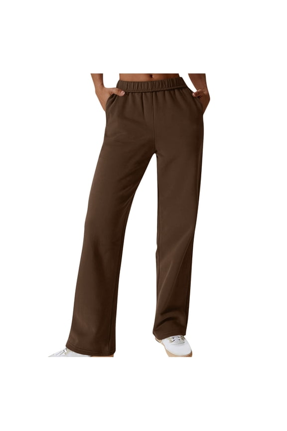 Womens Elastic Waisted Sweatpants Straight Leg Pants Solid Color Casual Sweat Pants with Pockets Brown