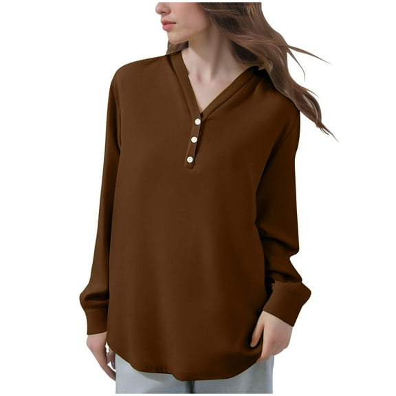 FRSASU Womens Fall Long Sleeve Tops Clothing Solid V Neck Casual Button Dressy Trendy Blouses Loose Fit Comfortable Shirts Brown XXXXL(XXXXL)