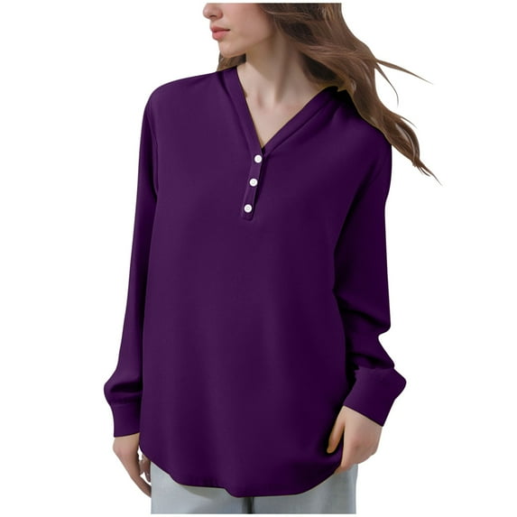 FRSASU Womens Fall Long Sleeve Tops Clothing Solid V Neck Casual Button Dressy Trendy Blouses Loose Fit Comfortable Shirts Purple XXL(XXL)