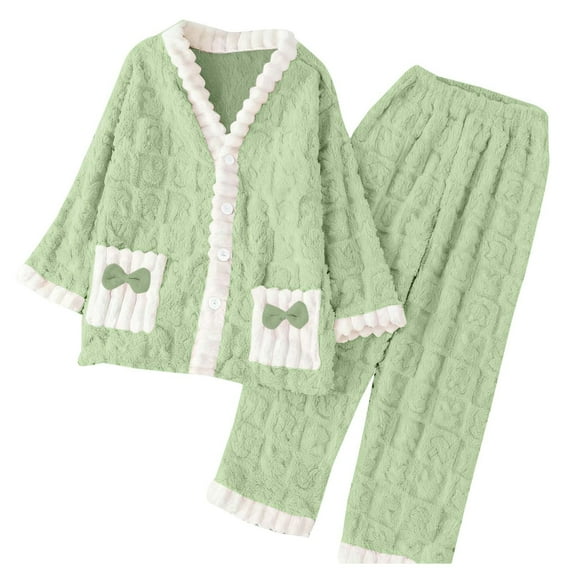 FRSASU Womens Fall Winter Fleece Pajama Sets Long Sleeve Button Sleepwear Tops with Pockets Long Pants Loungewear Sets Green