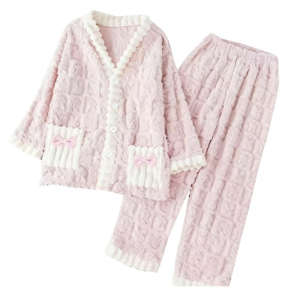 FRSASU Womens Fall Winter Fleece Pajama Sets Long Sleeve Button Sleepwear Tops with Pockets Long Pants Loungewear Sets Pink