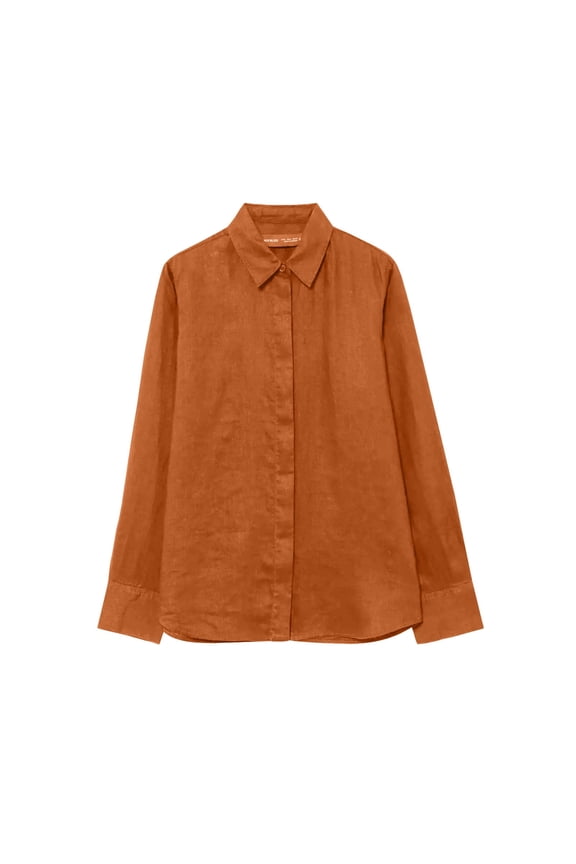 Womens Fall/Winter Shirt Casual Turndown Collar Long Sleeve Linen Button Down Loose Blouse Tops Orange XS(XS)