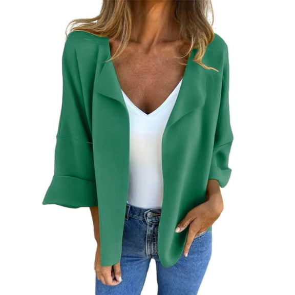FRSASU Womens Fall/winter Casual Lightweight Cardigans Solid Color 3/4 Sleeve Open Front Casual Hoodless Tops Outwear Green XL(XL)