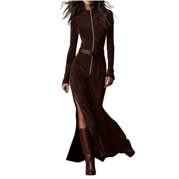 FRSASU Womens Fashion Suede Dress Half Zip Lapel Flowing Hem One Piece Dresses Fall Winter Party Dinner Evening Outfits Coffee