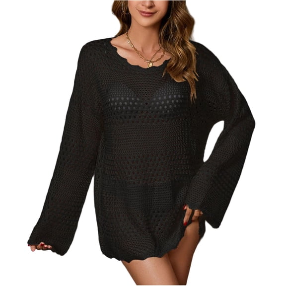 FRSASU Womens Fashion Summer Crochet Hollow Out Long Sleeve Sweaters Casual Crewneck Pullover Shirt Beach Coverup Black