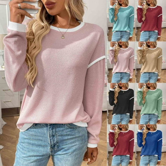 FRSASU Womens Fashion Tops Solid Color Long Sleeve Knitting Cotton Shirts for Fall Round Neck Blouses Loose Tops Wine XL(XL)