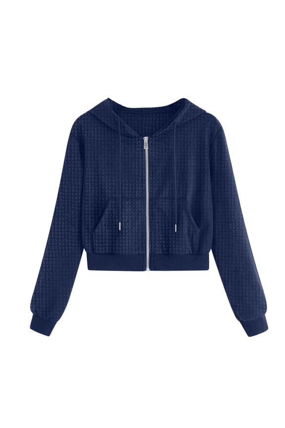 Womens Fashion Zip Up Hoodies Waffle Knit Jacket Solid Color Long Sleeve Coat with Pockets Blue M(M)