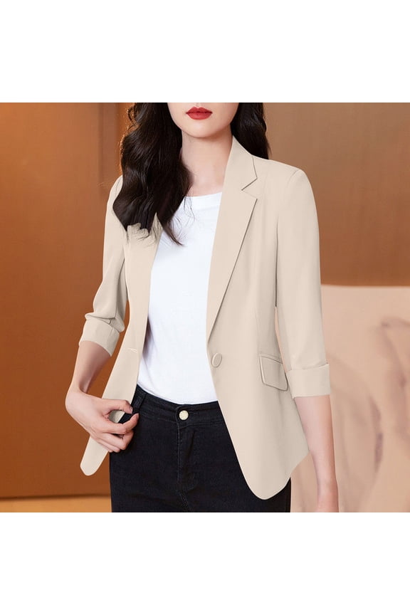 Womens Fashionable and Comfortable Casual Blazers Long Sleeve Lapel Button Slim Work office Blazer Jacket Beige