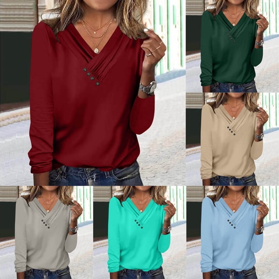 FRSASU Womens Fashionable and Comfortable Casual Button V Neck Long Sleeve Pullover Shirts Solid Blouses Tops Wine