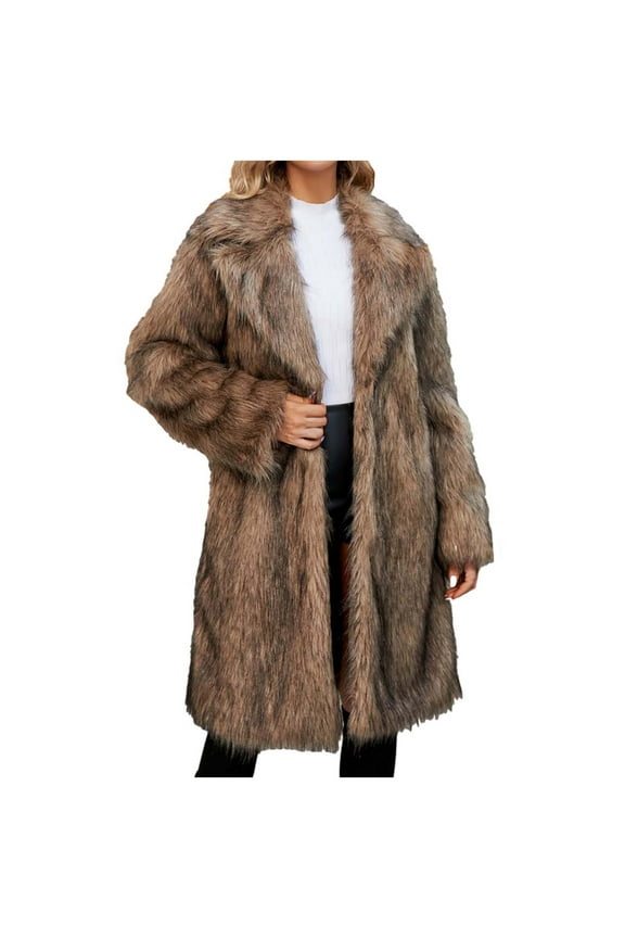 Womens Faux Coat Lapel Open Front Fluffy Jacket Winter Warm ry Overcoat Coffee 6(M)