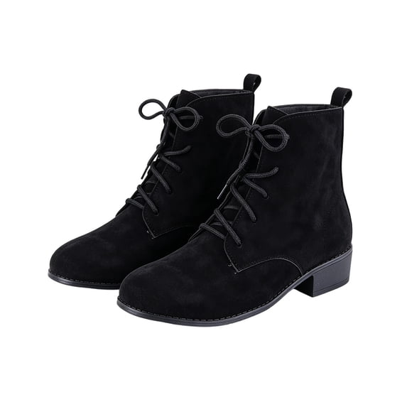 FRSASU Womens Faux Suede Lace‑Up Ankle Booties, Low Chunky Heel Round Toe Casual Short Boots with Back Pull Loop Dress Boots Black