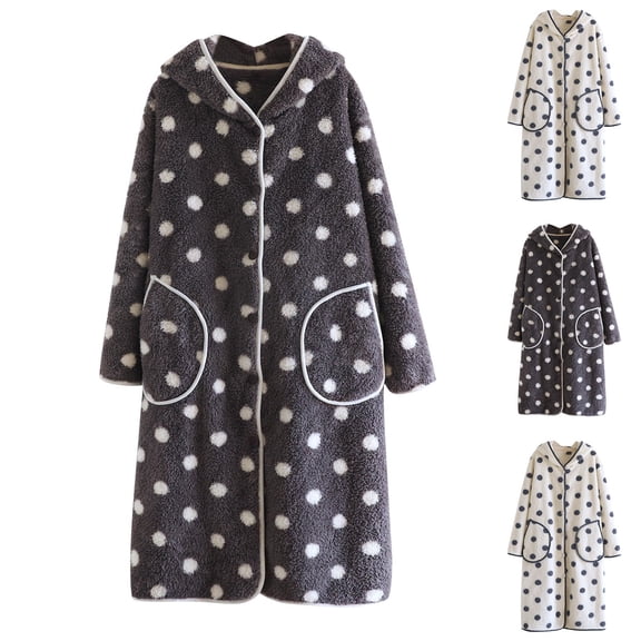 FRSASU Womens Flannel Nightgowns Polka Dot Hooded Soft Comfy Button Down Robe Winter Thick Warm Bathrobe Casual Loungewear with Pockets White