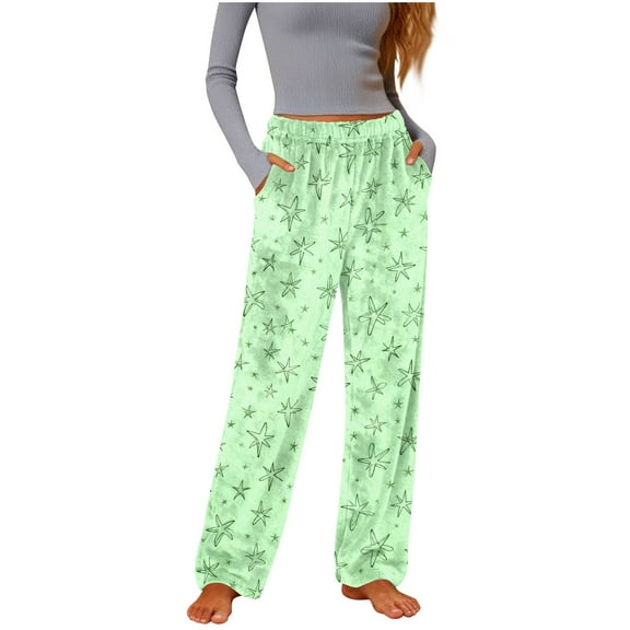 FRSASU Womens Flannel Pajama Pants Lightweight Sleepwear Cute Printed Bottoms Cozy Homewear with Pockets Green