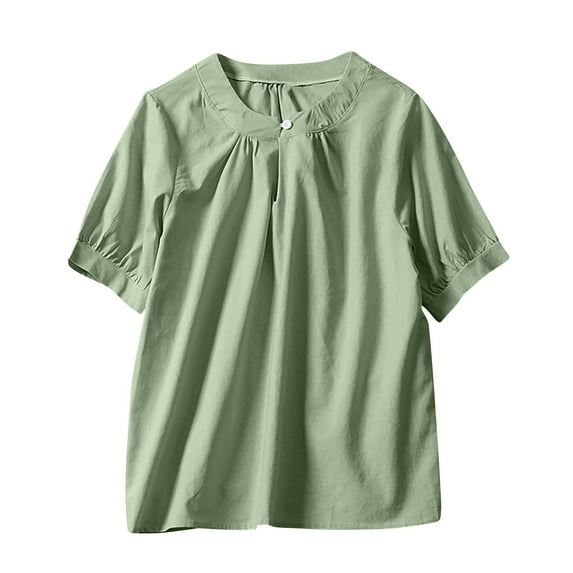 FRSASU Womens Flax Shirts Short Sleeve Solid Crew Neck Blouse Button Casual Loose T Shirt Tunic Tops Green