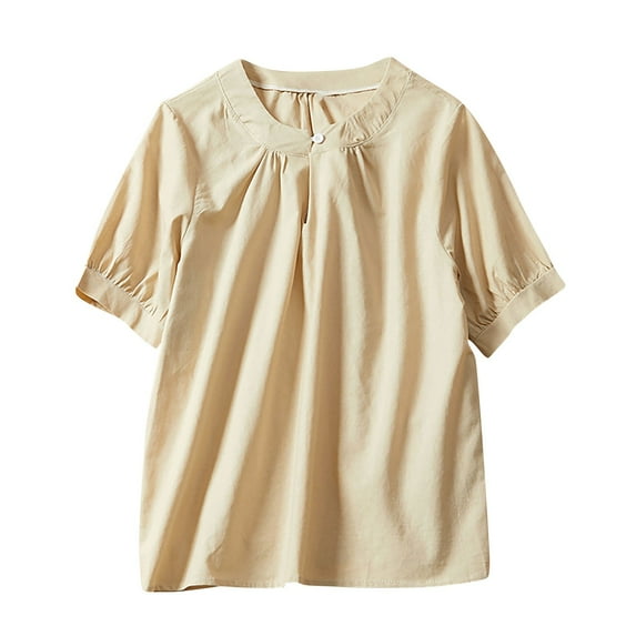 FRSASU Womens Flax Shirts Short Sleeve Solid Crew Neck Blouse Button Casual Loose T Shirt Tunic Tops Khaki