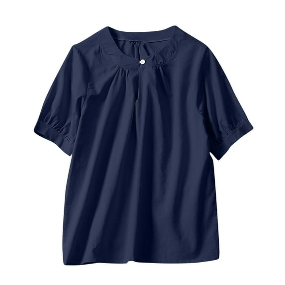 FRSASU Womens Flax Shirts Short Sleeve Solid Crew Neck Blouse Button Casual Loose T Shirt Tunic Tops Navy