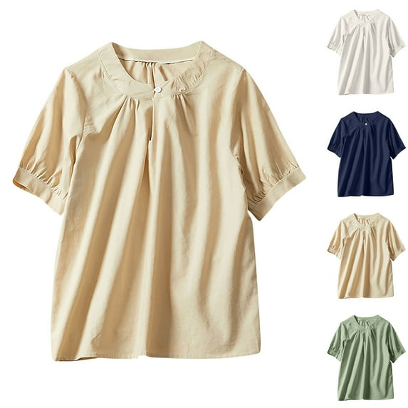 FRSASU Womens Flax Shirts Short Sleeve Solid Crew Neck Blouse Button Casual Loose T Shirt Tunic Tops White