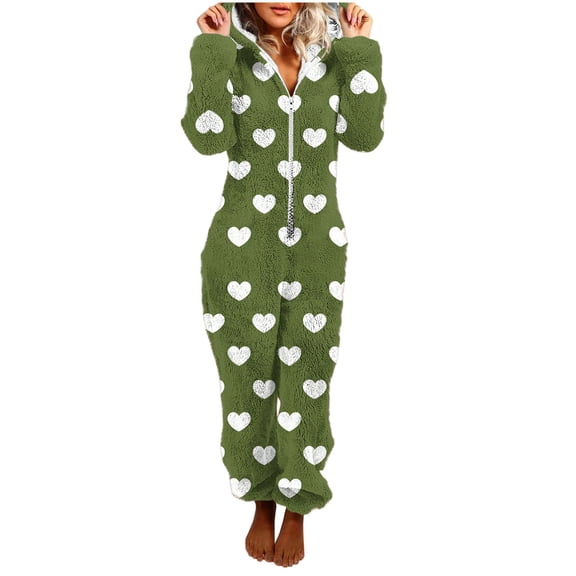 FRSASU Womens Fleece Onesies Pajamas Jumpsuit Love Heart Printed Warm Romper Sleepwear One Piece Zipper Hooded Playsuit Loungewear Green