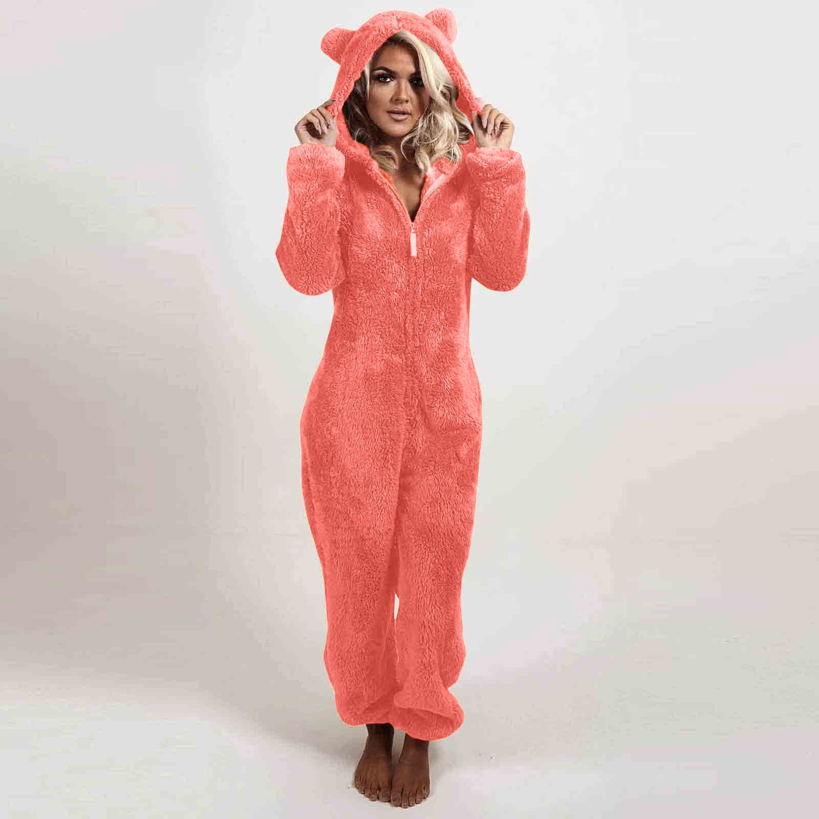 FRSASU Womens Fleece Onesies Pajamas Jumpsuit Warm Sherpa Romper Sleepwear One Piece Zipper Hooded Playsuit Loungewear