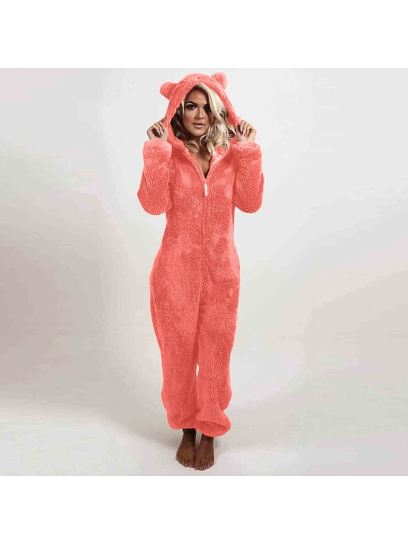 Womens Fleece Onesies Pajamas Jumpsuit Warm Sherpa Romper Sleepwear One Piece Zipper Hooded Playsuit Loungewear