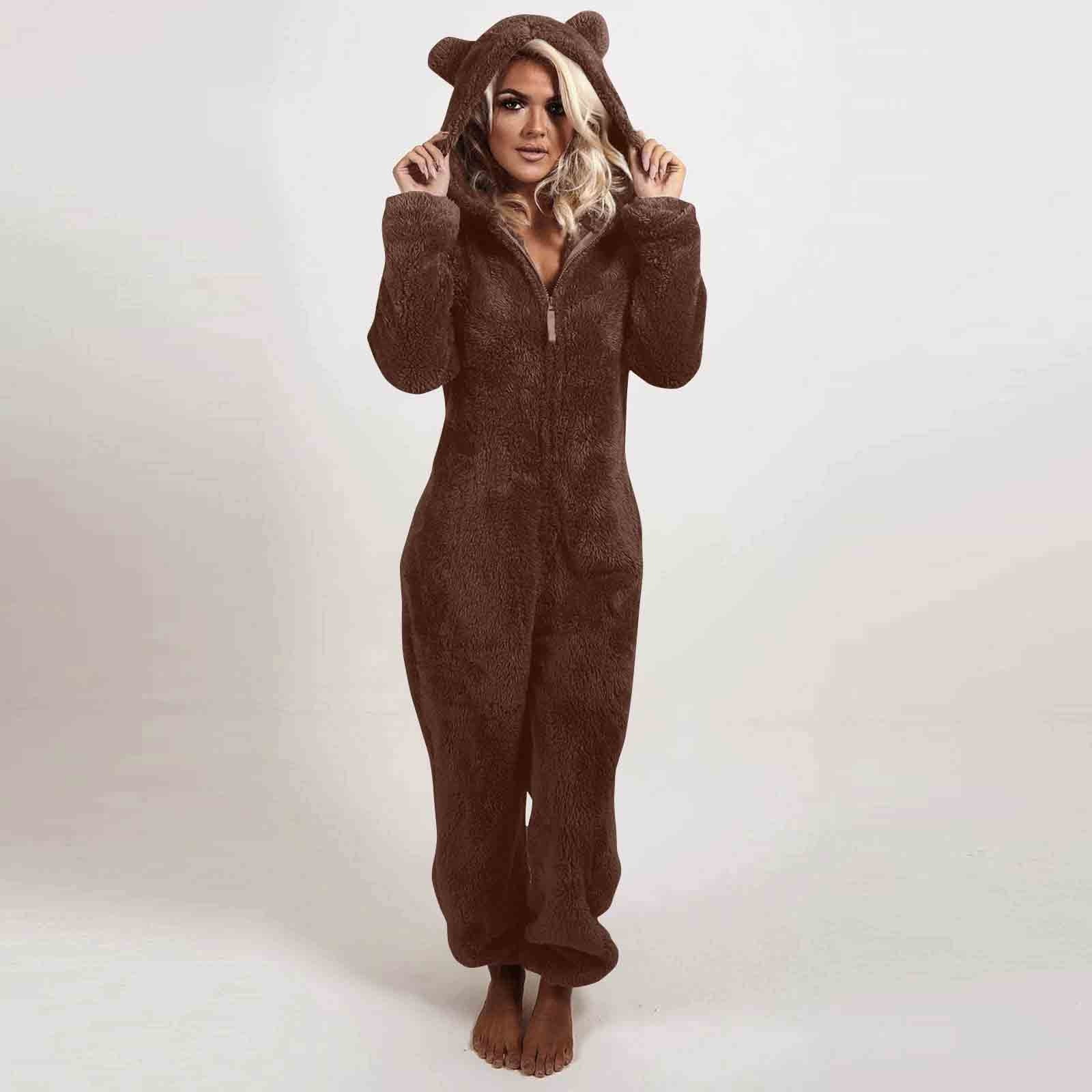 FRSASU Womens Fleece Onesies Pajamas Jumpsuit Warm Sherpa Romper Sleepwear One Piece Zipper Hooded Playsuit Loungewear