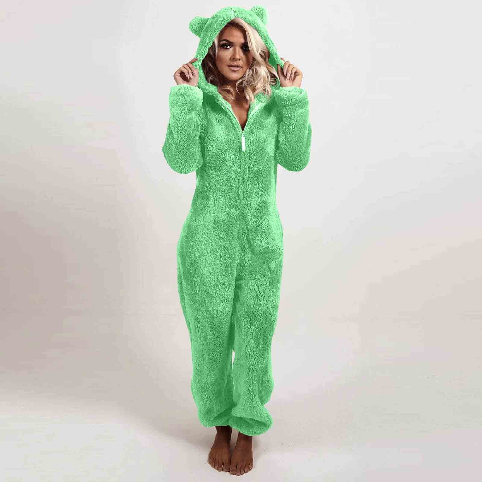 FRSASU Womens Fleece Onesies Pajamas Jumpsuit Warm Sherpa Romper Sleepwear One Piece Zipper Hooded Playsuit Loungewear