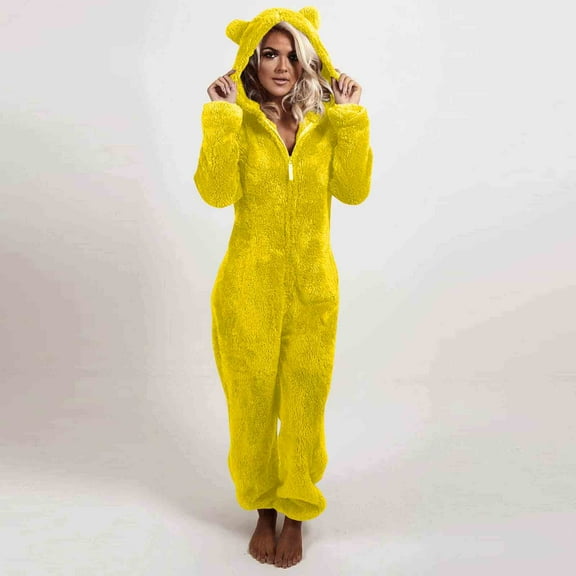 FRSASU Womens Fleece Onesies Pajamas Jumpsuit Warm Sherpa Romper Sleepwear One Piece Zipper Hooded Playsuit Loungewear