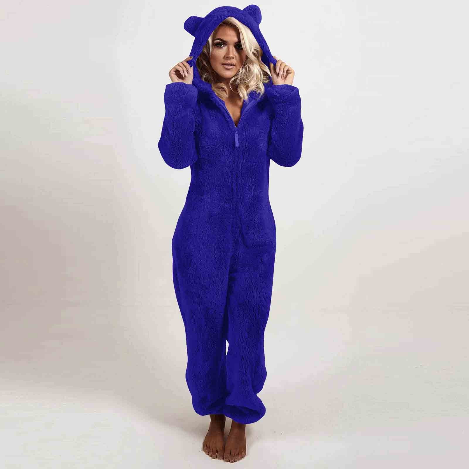 FRSASU Womens Fleece Onesies Pajamas Jumpsuit Warm Sherpa Romper Sleepwear One Piece Zipper Hooded Playsuit Loungewear