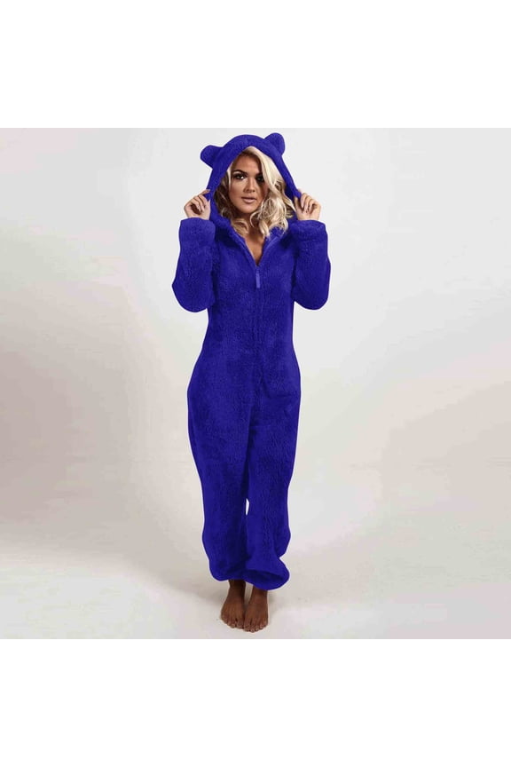 Womens Fleece Onesies Pajamas Jumpsuit Warm Sherpa Romper Sleepwear One Piece Zipper Hooded Playsuit Loungewear