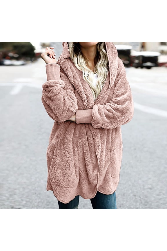 Womens Fuzzy Jacket Solid Color Casual Cardigan Winter Long Sleeve Fleece Open Front Hooded Cardigans Coat with Pockets Pink