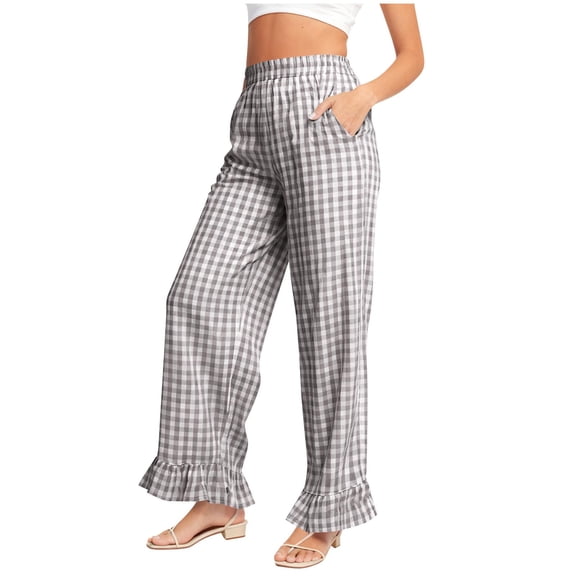 FRSASU Womens Gingham Pants Wide Leg Plaid Pants Elastic Waist Lounge Pajama Bottoms Beach Vacation Trousers with Pockets Gray