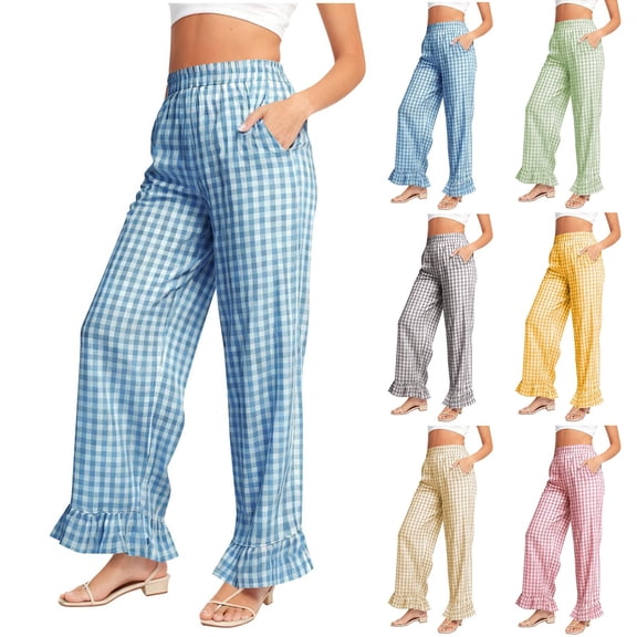 FRSASU Womens Gingham Pants Wide Leg Plaid Pants Elastic Waist Lounge Pajama Bottoms Beach Vacation Trousers with Pockets Yellow