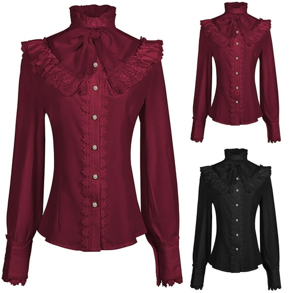 FRSASU Womens Gothic Blouse Stand up Collar Vintage Long Sleeve Lotus Ruffle Fashion Tops Red XL(XL)
