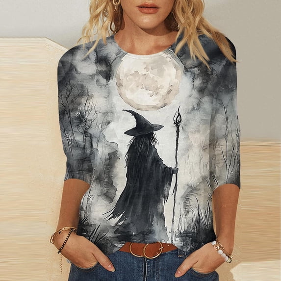FRSASU Womens Halloween 3/4 Length Sleeve Tops round neck Tunic Casual Blouse Floral Printed T Shirts Dark Gray