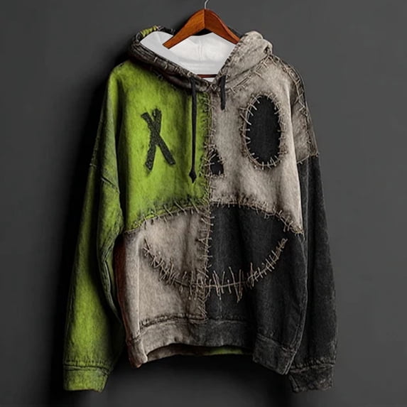 FRSASU Womens Halloween Hoodie Spooky Face Patchwork Hoodie Gothic Oversized Sweatshirt Clothes Green