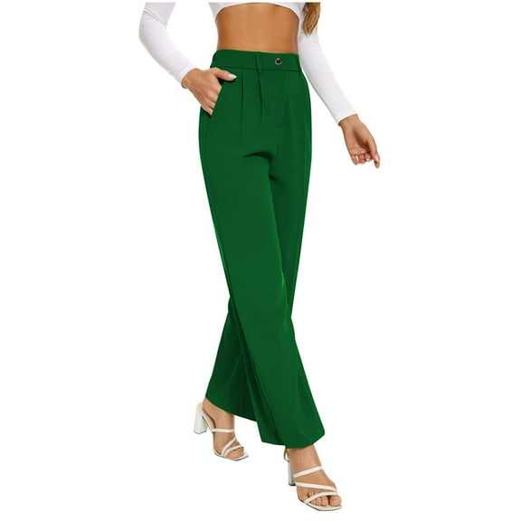 FRSASU Womens High Waist Button Stretchy Work Pants Straight Leg office Dress Pants Business Solid Color Casual Trousers Green
