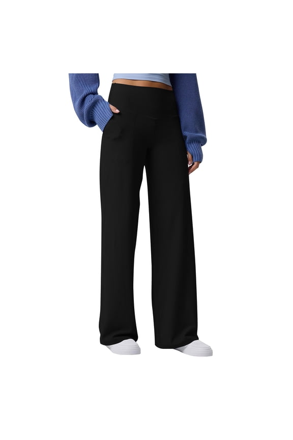 Womens High Waist Yoga Pants Stretchy Casual Straight Leg Pull on Knitted Trousers with Pockets Black