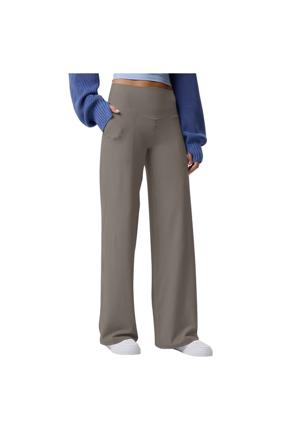 Womens High Waist Yoga Pants Stretchy Casual Straight Leg Pull on Knitted Trousers with Pockets Khaki